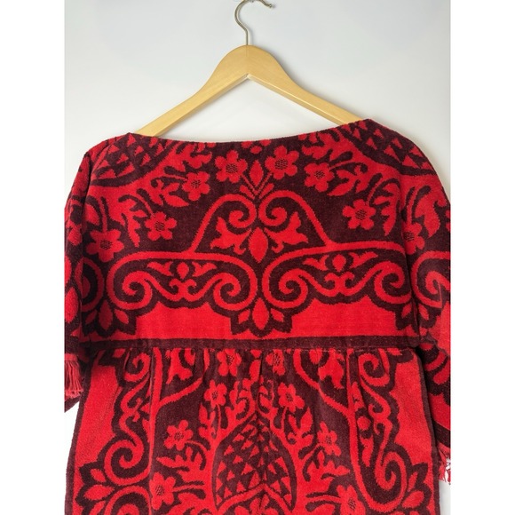 VTG Fieldcrest Sz M Towel Mini Dress Red & Burgundy Damask Pattern Fringe RARE - Picture 11 of 11